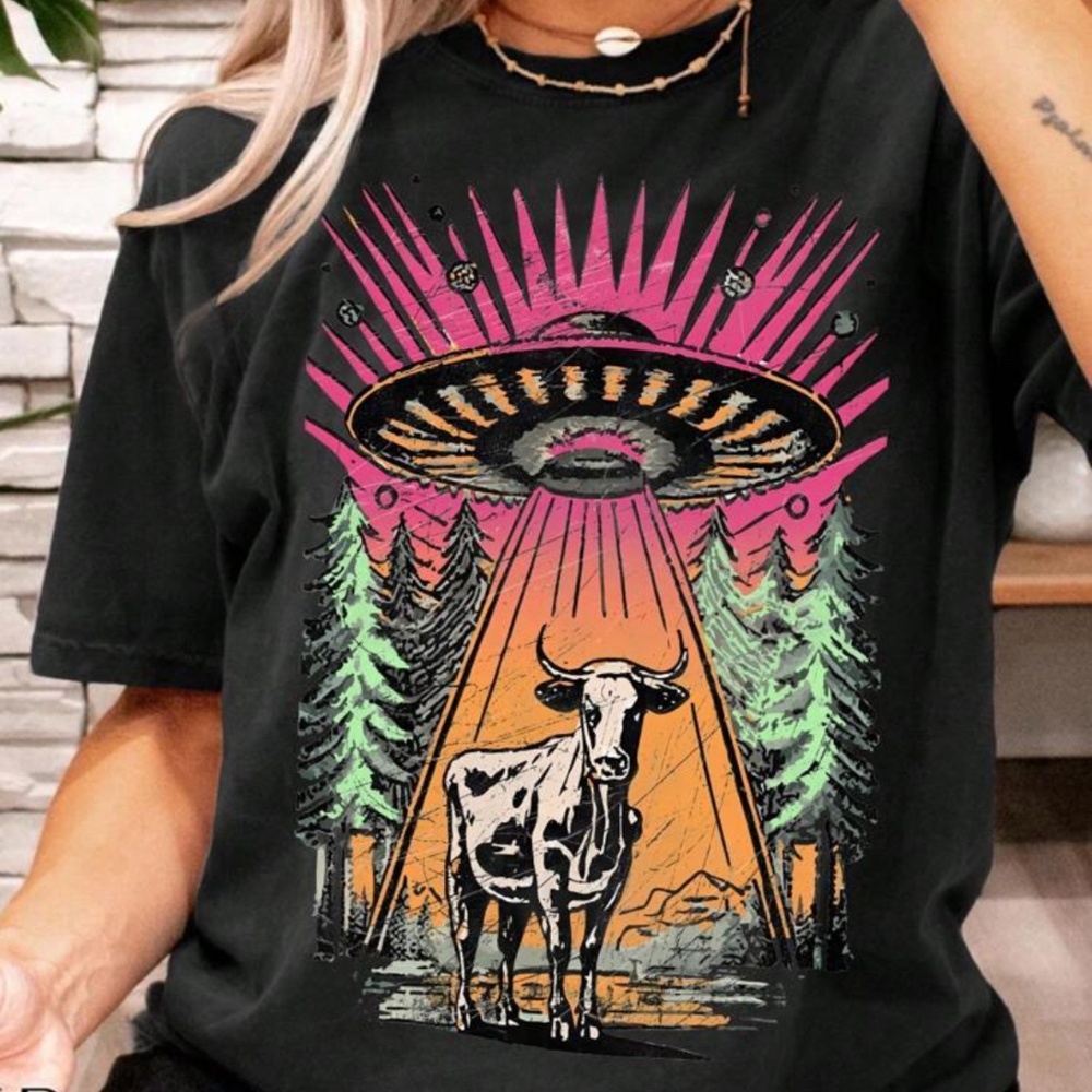 Cow Abduction Tees and Tanks, various sizes Xs through 4Xl